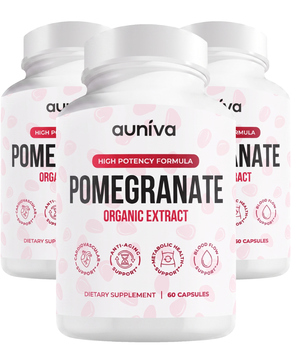 Three bottles of Auniva Pomegranate Organic Extract capsules